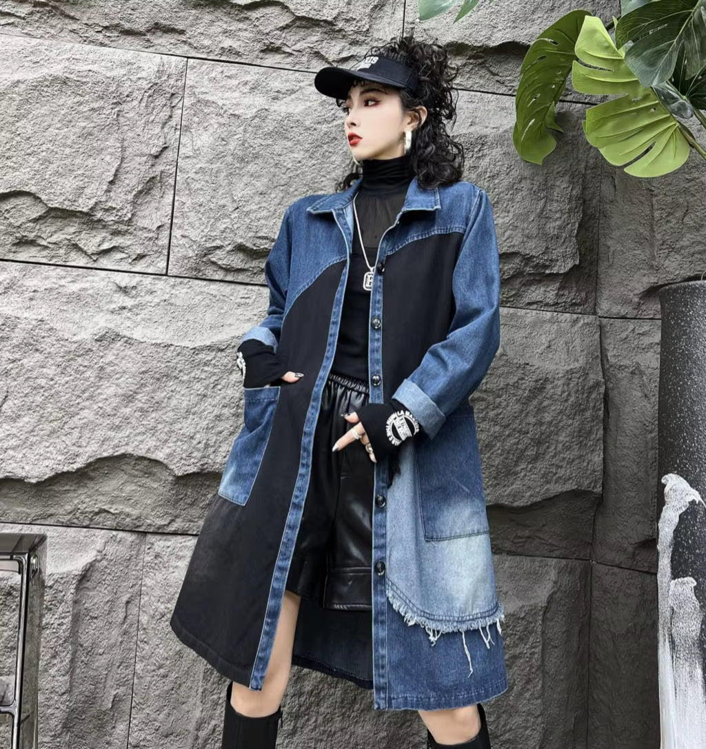Fringe Patchwork Pleated Windbreaks Casual Loose Trench Midi Coat