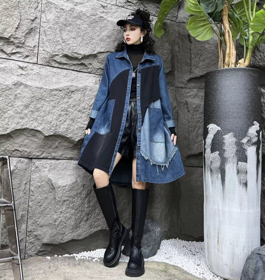 Fringe Patchwork Pleated Windbreaks Casual Loose Trench Midi Coat