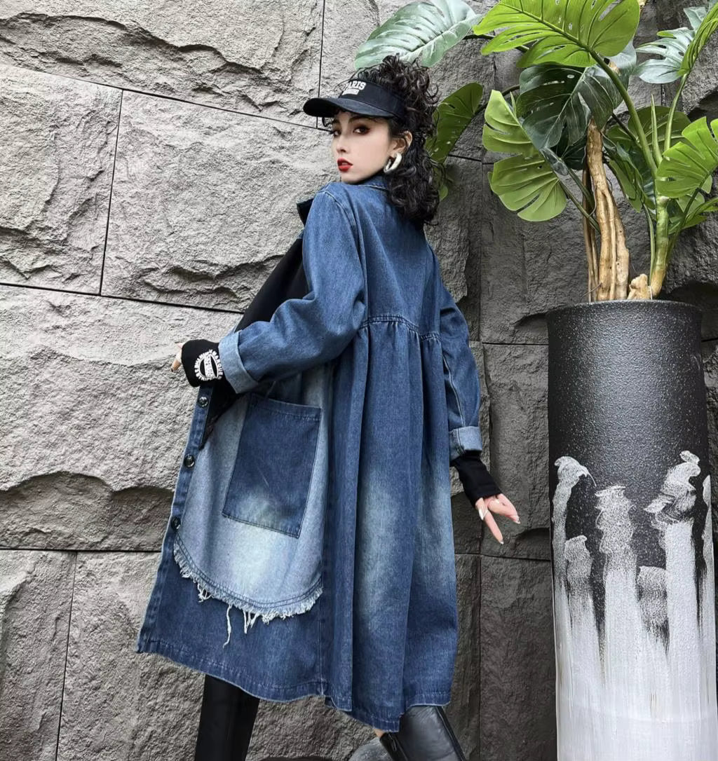 Fringe Patchwork Pleated Windbreaks Casual Loose Trench Midi Coat
