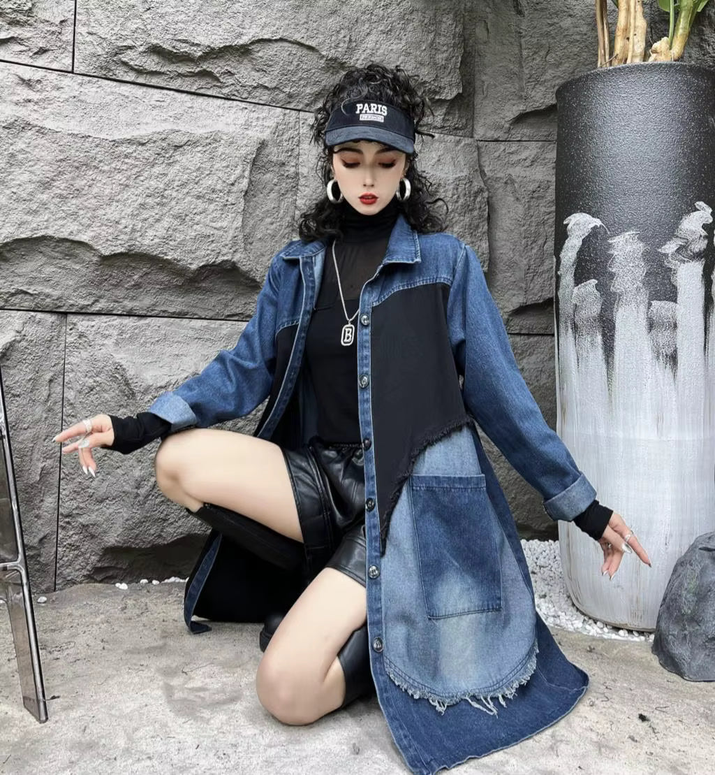 Fringe Patchwork Pleated Windbreaks Casual Loose Trench Midi Coat