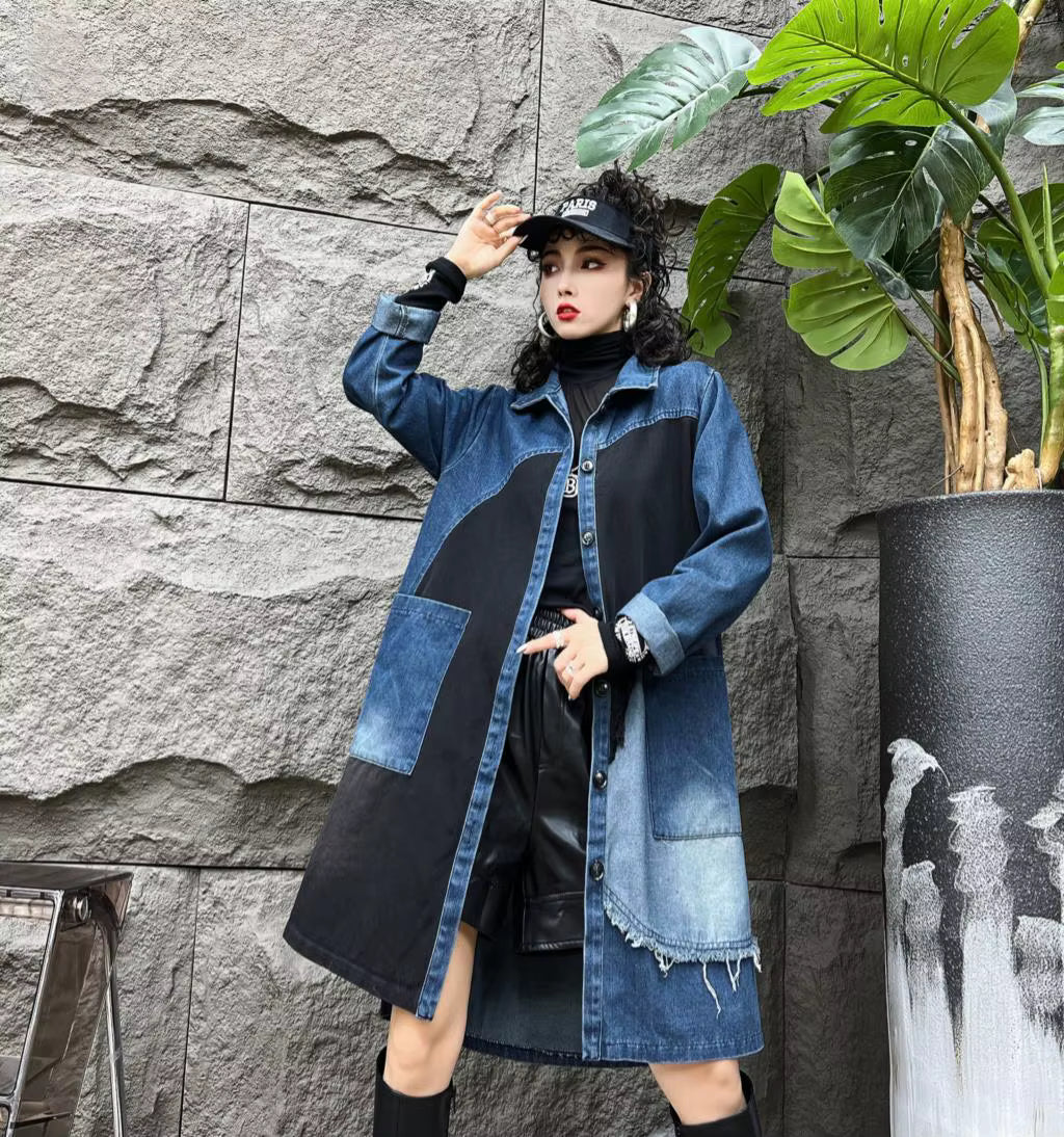 Fringe Patchwork Pleated Windbreaks Casual Loose Trench Midi Coat