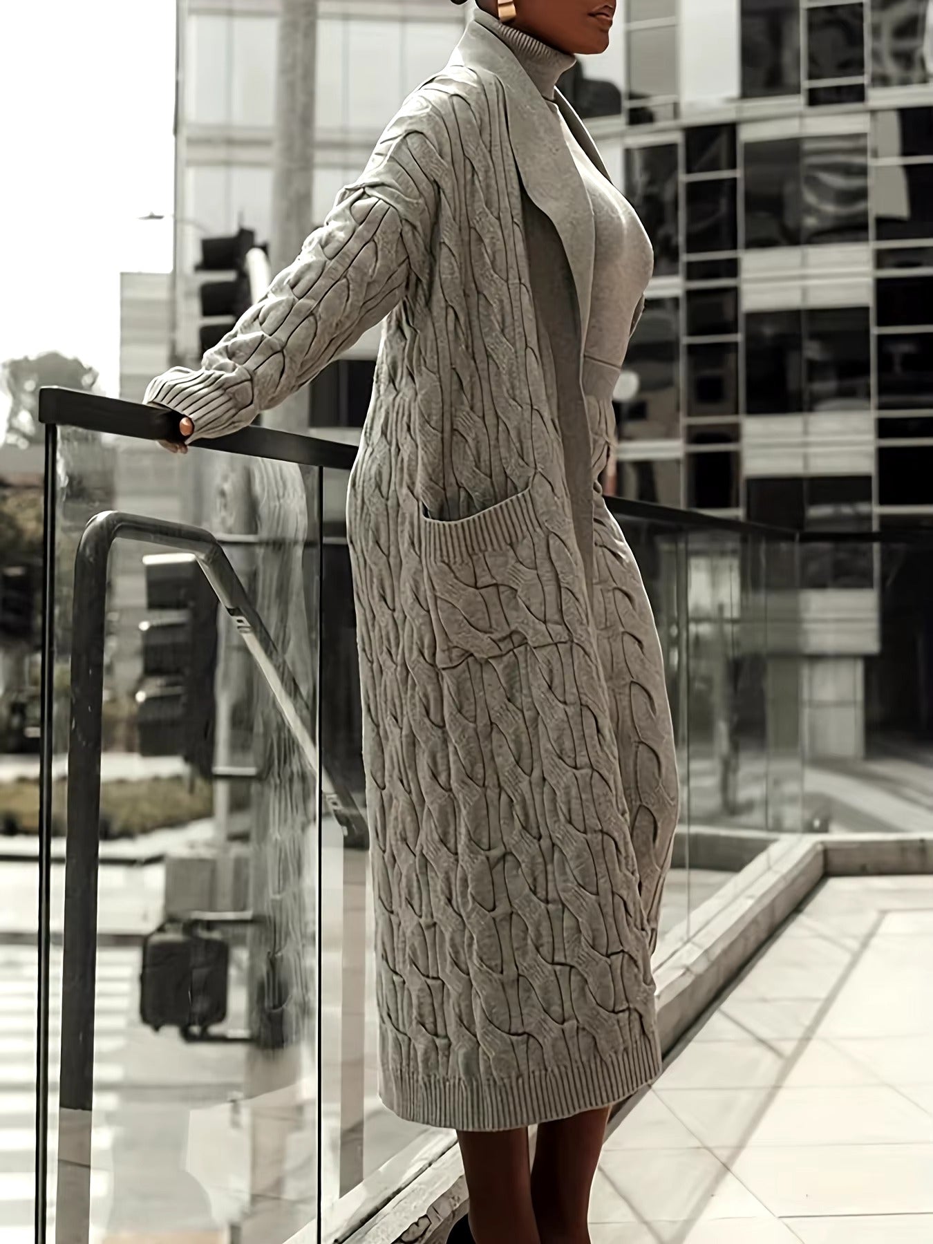 Front Pocketed Cardigan Sleek Sweater With High-Waist Skirt Three-Piece Knit Set