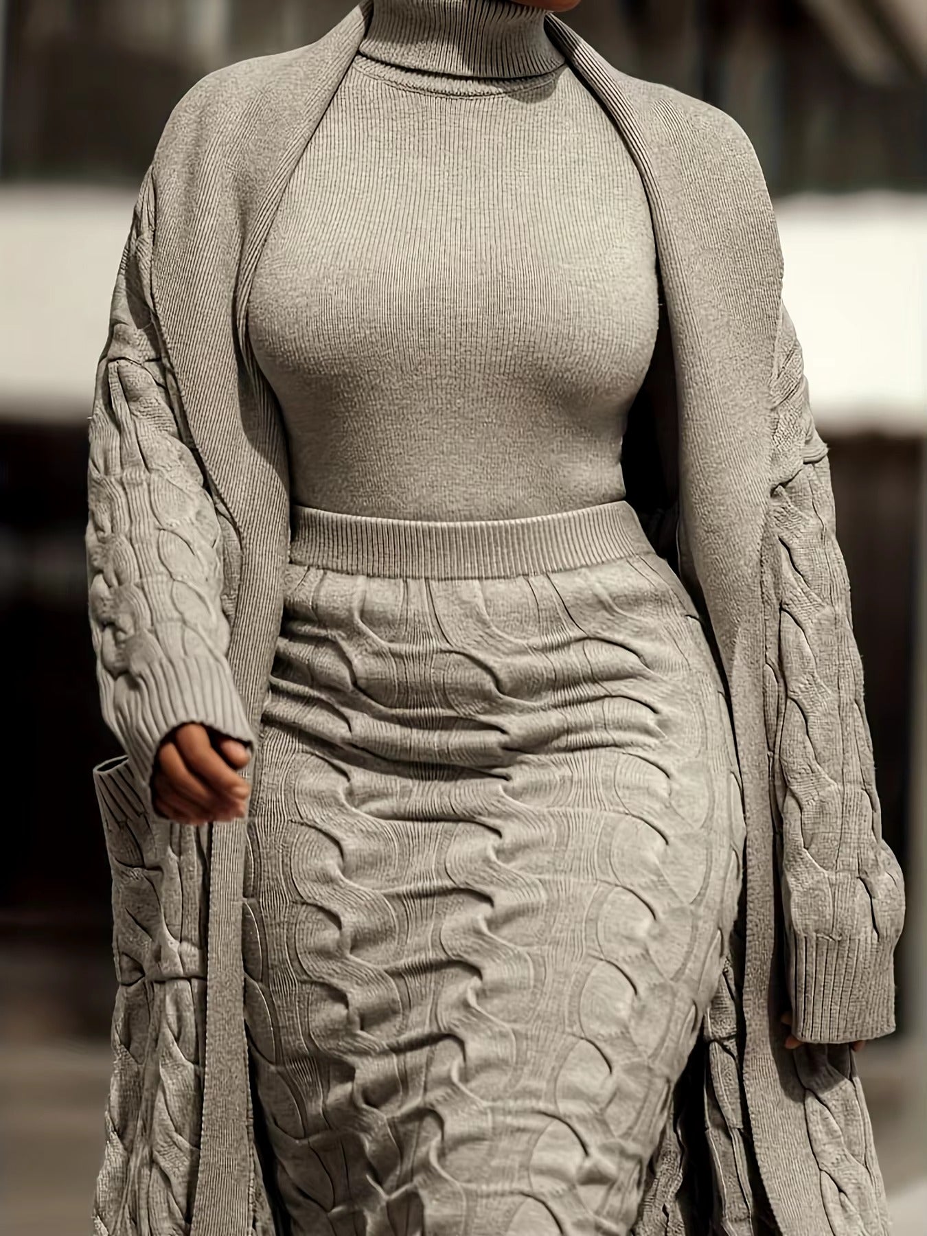 Front Pocketed Cardigan Sleek Sweater With High-Waist Skirt Three-Piece Knit Set