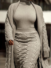 Front Pocketed Cardigan Sleek Sweater With High-Waist Skirt Three-Piece Knit Set