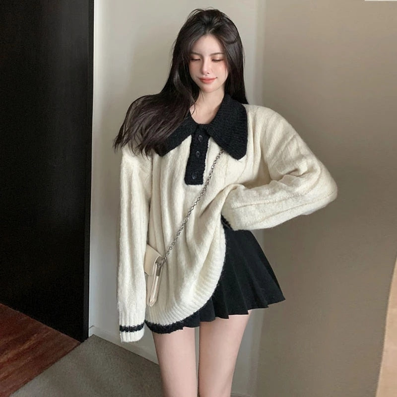 Full Sleeve Polo Collar Preppy Style Knit Sweater