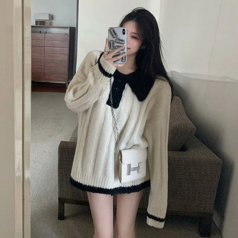 Full Sleeve Polo Collar Preppy Style Knit Sweater
