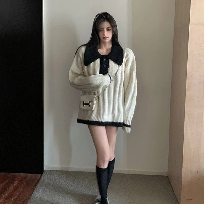 Full Sleeve Polo Collar Preppy Style Knit Sweater