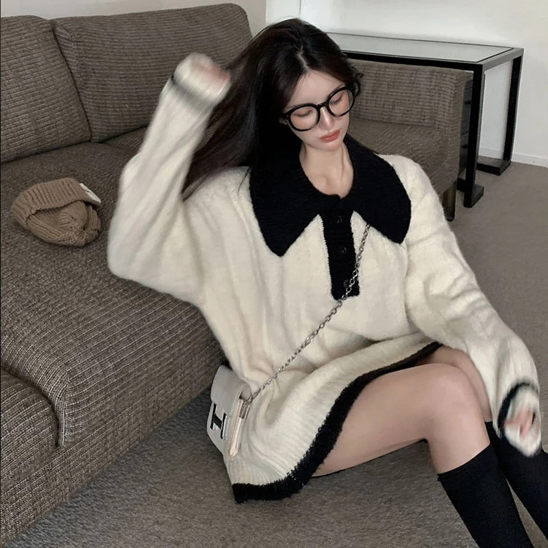 Full Sleeve Polo Collar Preppy Style Knit Sweater