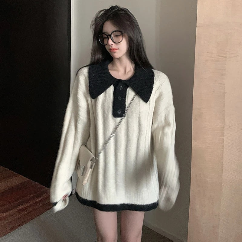 Full Sleeve Polo Collar Preppy Style Knit Sweater