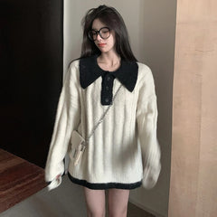 Full Sleeve Polo Collar Preppy Style Knit Sweater