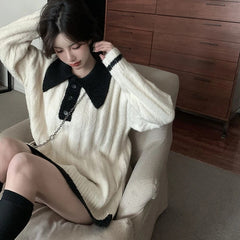 Full Sleeve Polo Collar Preppy Style Knit Sweater