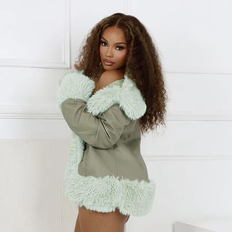 Fur Collar Long Sleeve Cardigan Coat Mini Skirt Party Club Faux Leather 2 Piece Sets