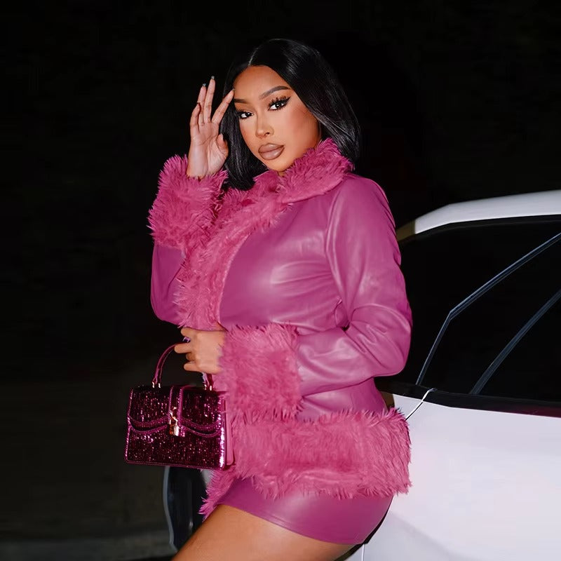 Fur Collar Long Sleeve Cardigan Coat Mini Skirt Party Club Faux Leather 2 Piece Sets