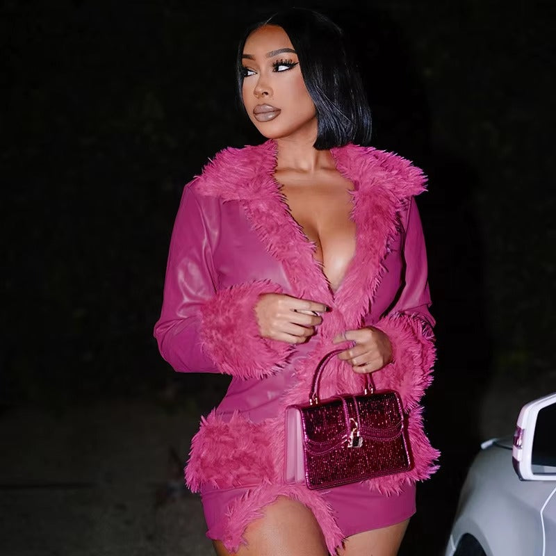 Fur Collar Long Sleeve Cardigan Coat Mini Skirt Party Club Faux Leather 2 Piece Sets