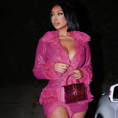 Fur Collar Long Sleeve Cardigan Coat Mini Skirt Party Club Faux Leather 2 Piece Sets