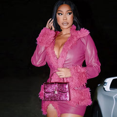 Fur Collar Long Sleeve Cardigan Coat Mini Skirt Party Club Faux Leather 2 Piece Sets