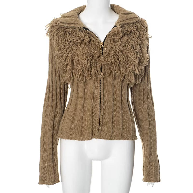 Furry Patchwork Turtleneck Long Sleeve Knitted Cardigan Top