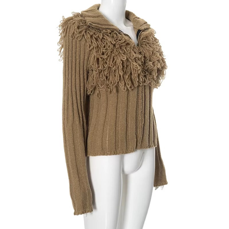 Furry Patchwork Turtleneck Long Sleeve Knitted Cardigan Top
