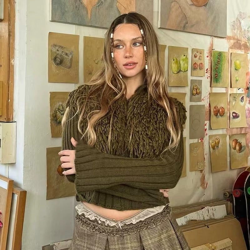 Furry Patchwork Turtleneck Long Sleeve Knitted Cardigan Top