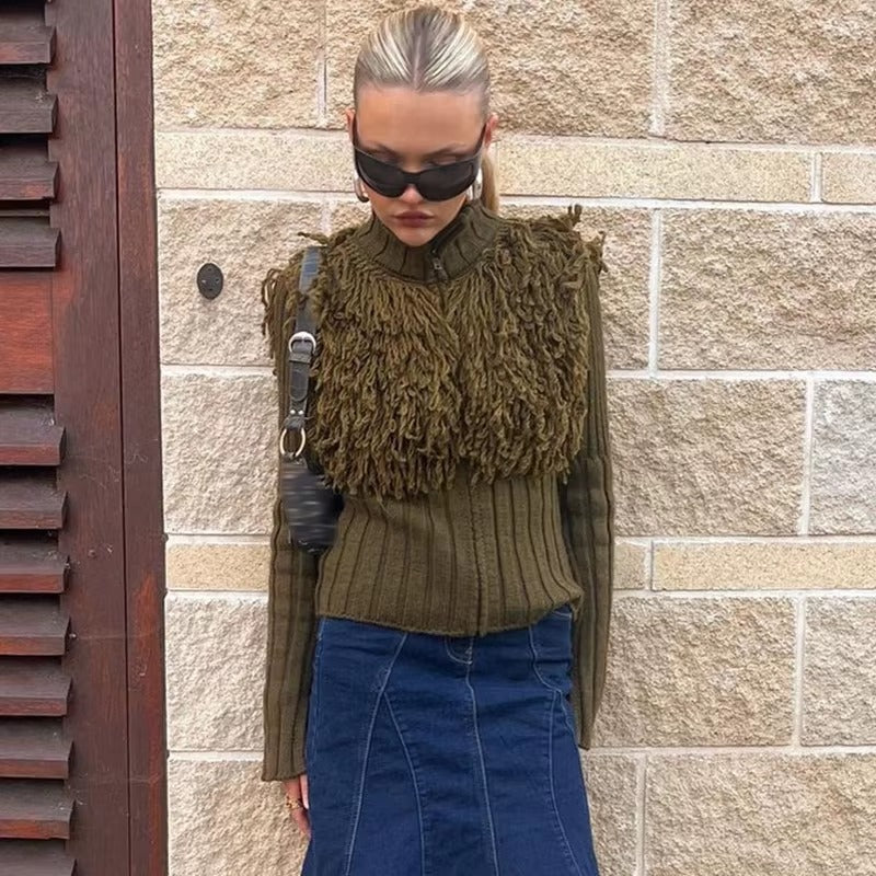 Furry Patchwork Turtleneck Long Sleeve Knitted Cardigan Top