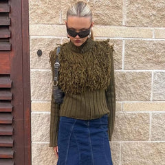 Furry Patchwork Turtleneck Long Sleeve Knitted Cardigan Top