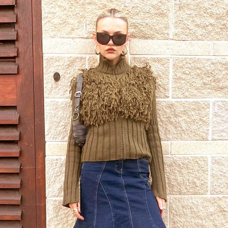 Furry Patchwork Turtleneck Long Sleeve Knitted Cardigan Top