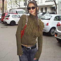 Furry Patchwork Turtleneck Long Sleeve Knitted Cardigan Top
