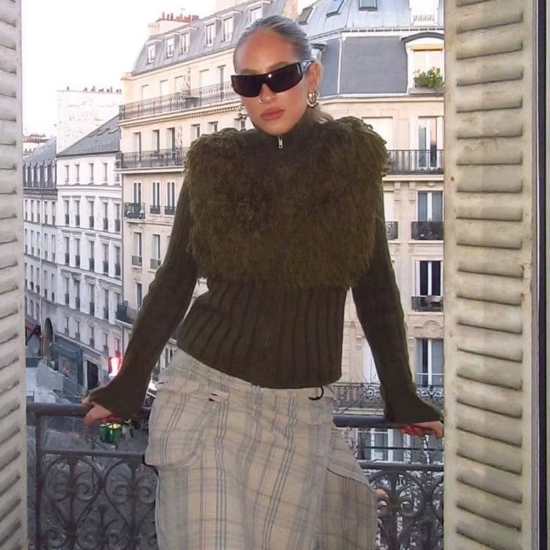 Furry Patchwork Turtleneck Long Sleeve Knitted Cardigan Top