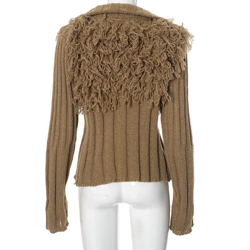 Furry Patchwork Turtleneck Long Sleeve Knitted Cardigan Top