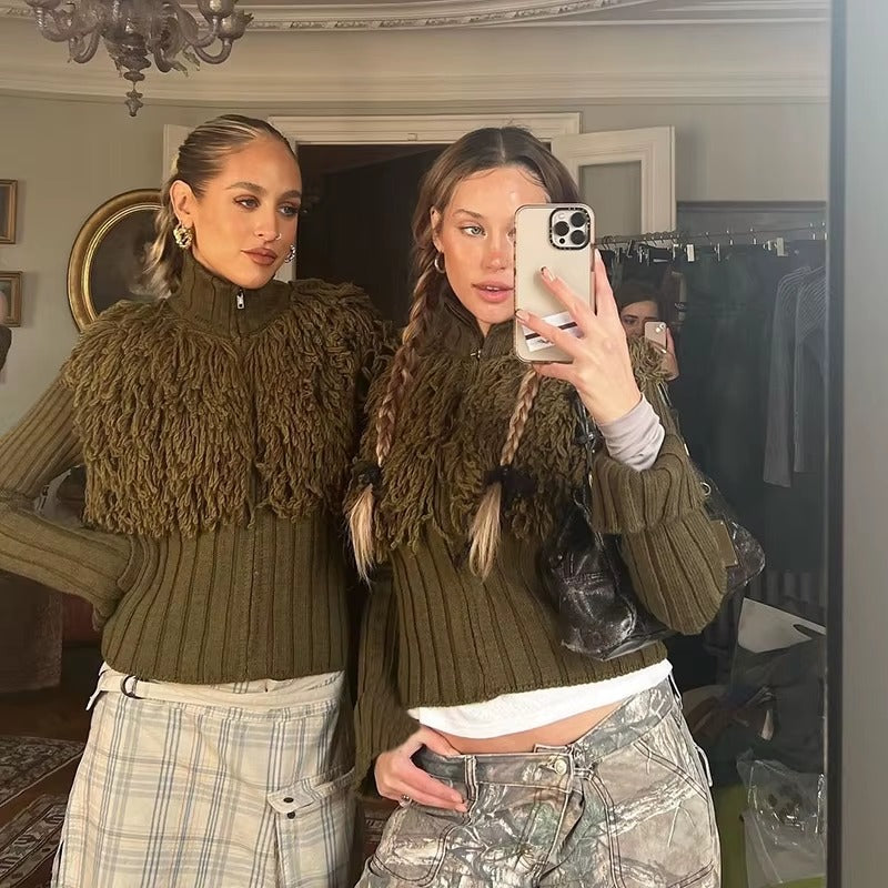 Furry Patchwork Turtleneck Long Sleeve Knitted Cardigan Top