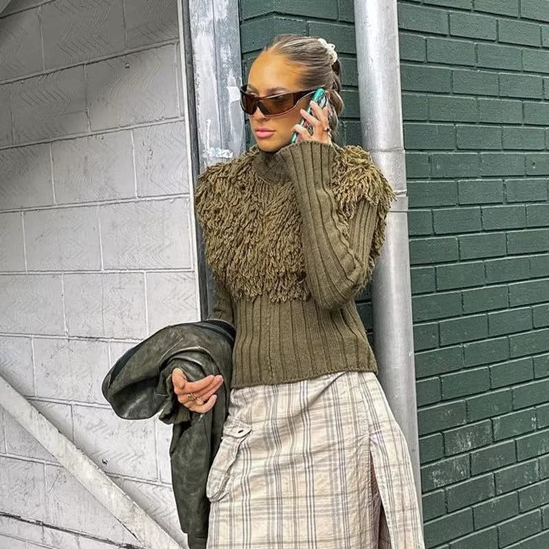 Furry Patchwork Turtleneck Long Sleeve Knitted Cardigan Top