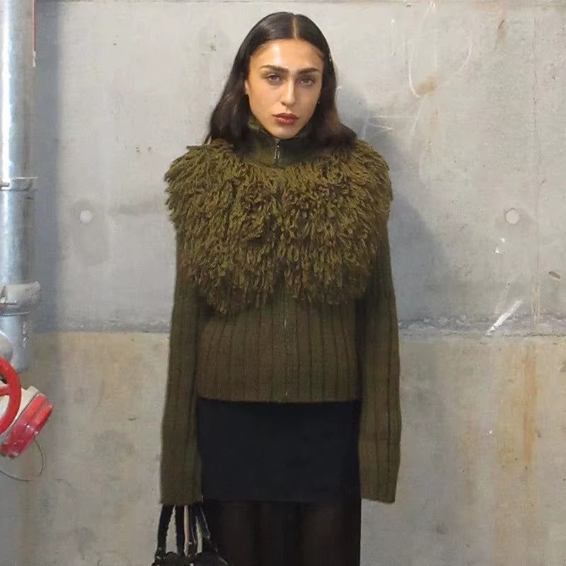 Furry Patchwork Turtleneck Long Sleeve Knitted Cardigan Top