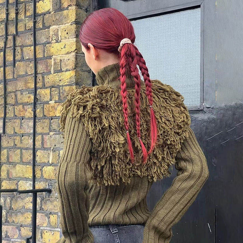 Furry Patchwork Turtleneck Long Sleeve Knitted Cardigan Top