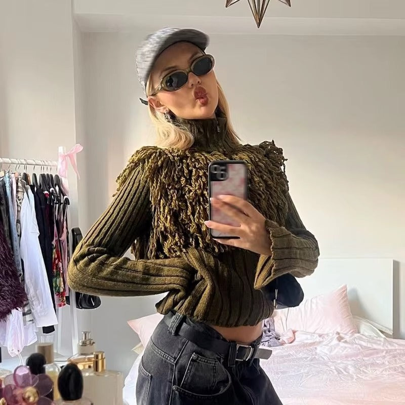 Furry Patchwork Turtleneck Long Sleeve Knitted Cardigan Top