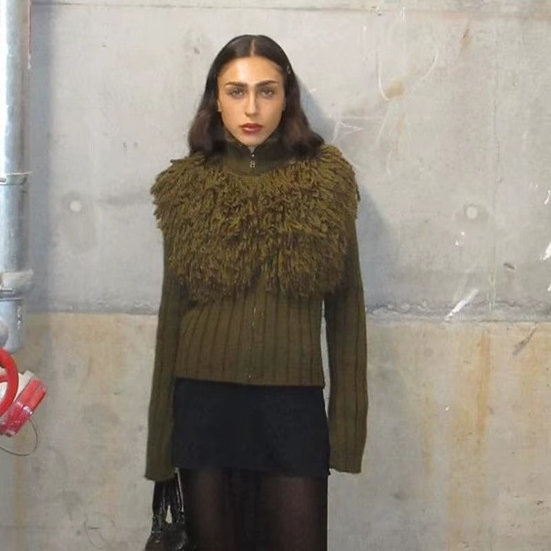 Furry Patchwork Turtleneck Long Sleeve Knitted Cardigan Top