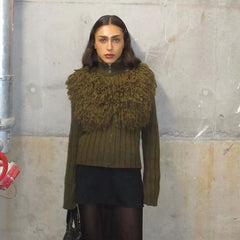 Furry Patchwork Turtleneck Long Sleeve Knitted Cardigan Top