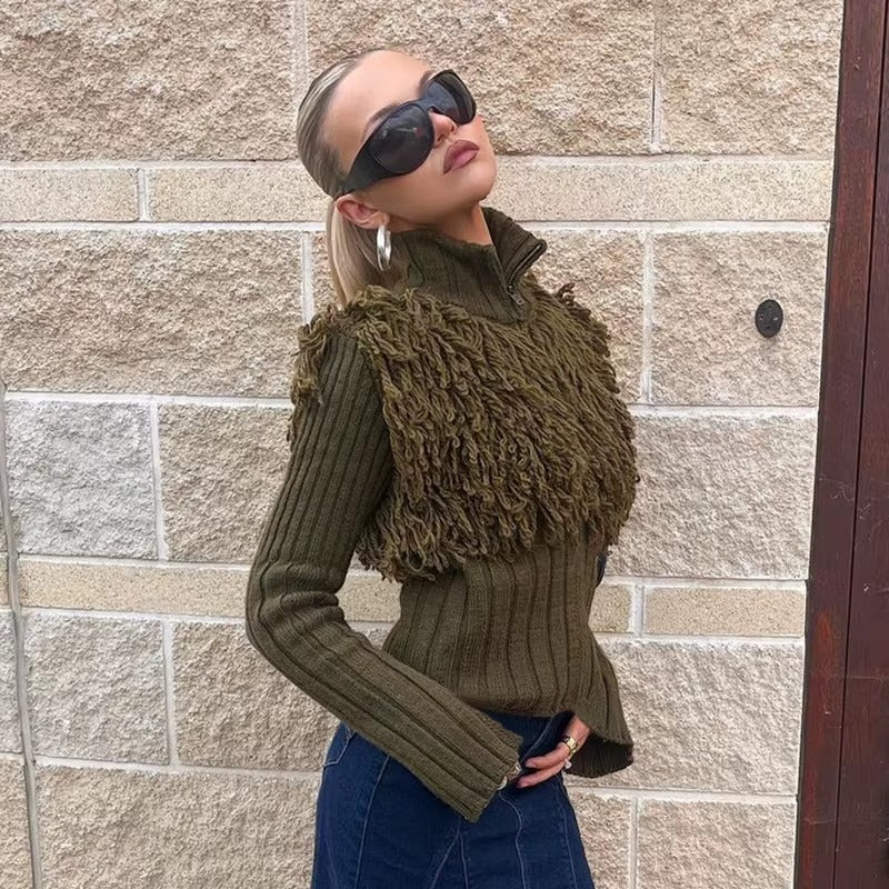Furry Patchwork Turtleneck Long Sleeve Knitted Cardigan Top