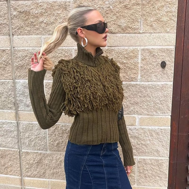 Furry Patchwork Turtleneck Long Sleeve Knitted Cardigan Top