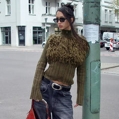 Furry Patchwork Turtleneck Long Sleeve Knitted Cardigan Top