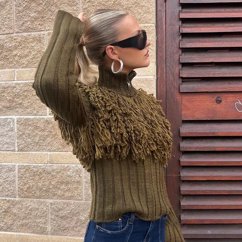 Furry Patchwork Turtleneck Long Sleeve Knitted Cardigan Top