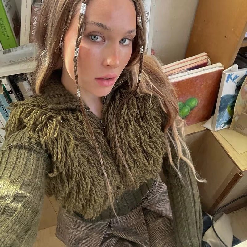 Furry Patchwork Turtleneck Long Sleeve Knitted Cardigan Top