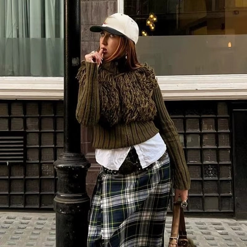 Furry Patchwork Turtleneck Long Sleeve Knitted Cardigan Top