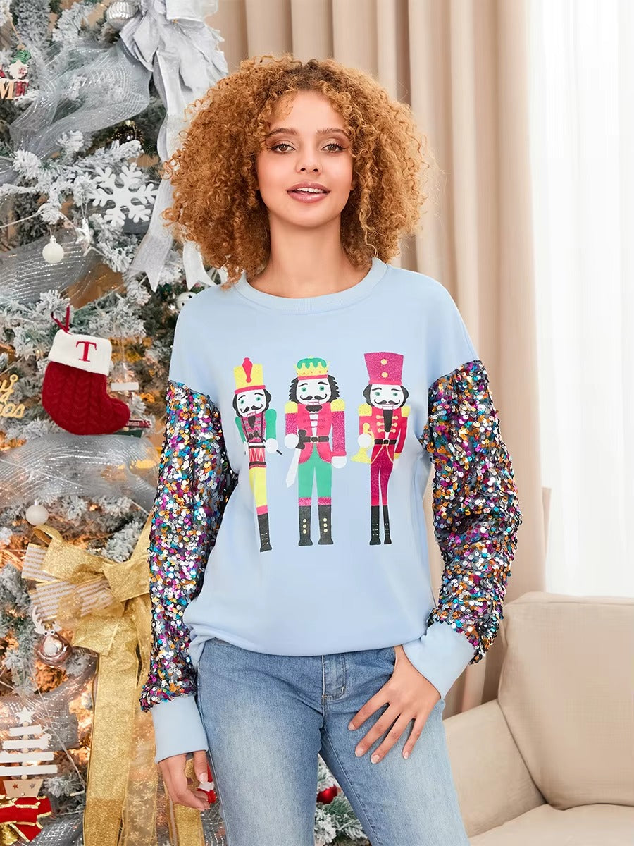 Glitter Sequined Patchwork Long Sleeve Crew Neck Printed Christmas Sweatshirt Tops