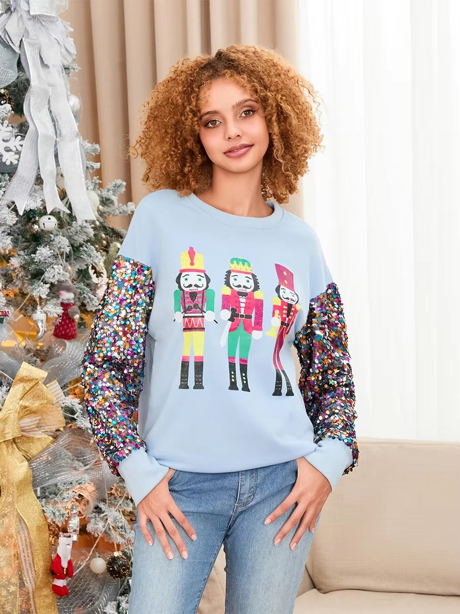 Glitter Sequined Patchwork Long Sleeve Crew Neck Printed Christmas Sweatshirt Tops