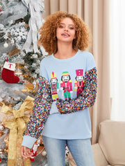 Glitter Sequined Patchwork Long Sleeve Crew Neck Printed Christmas Sweatshirt Tops