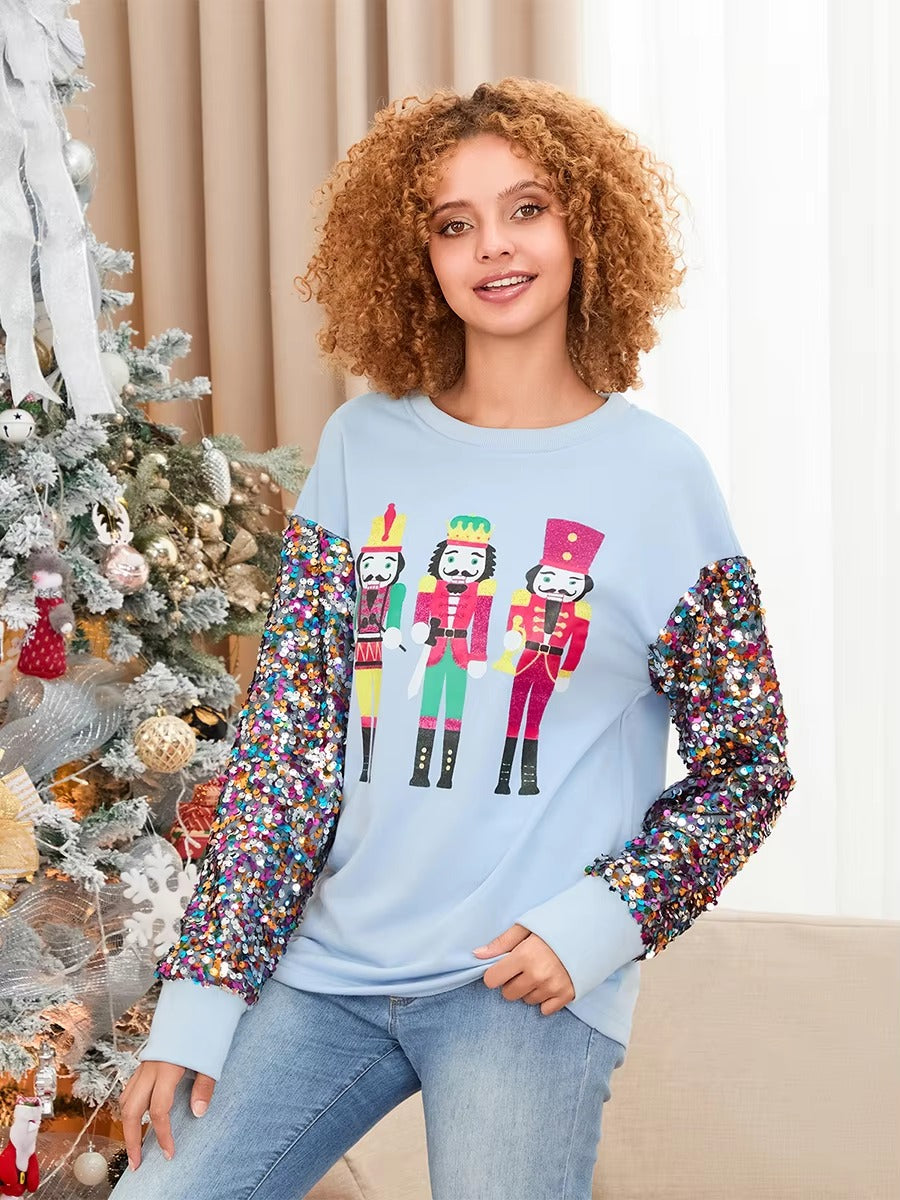 Glitter Sequined Patchwork Long Sleeve Crew Neck Printed Christmas Sweatshirt Tops