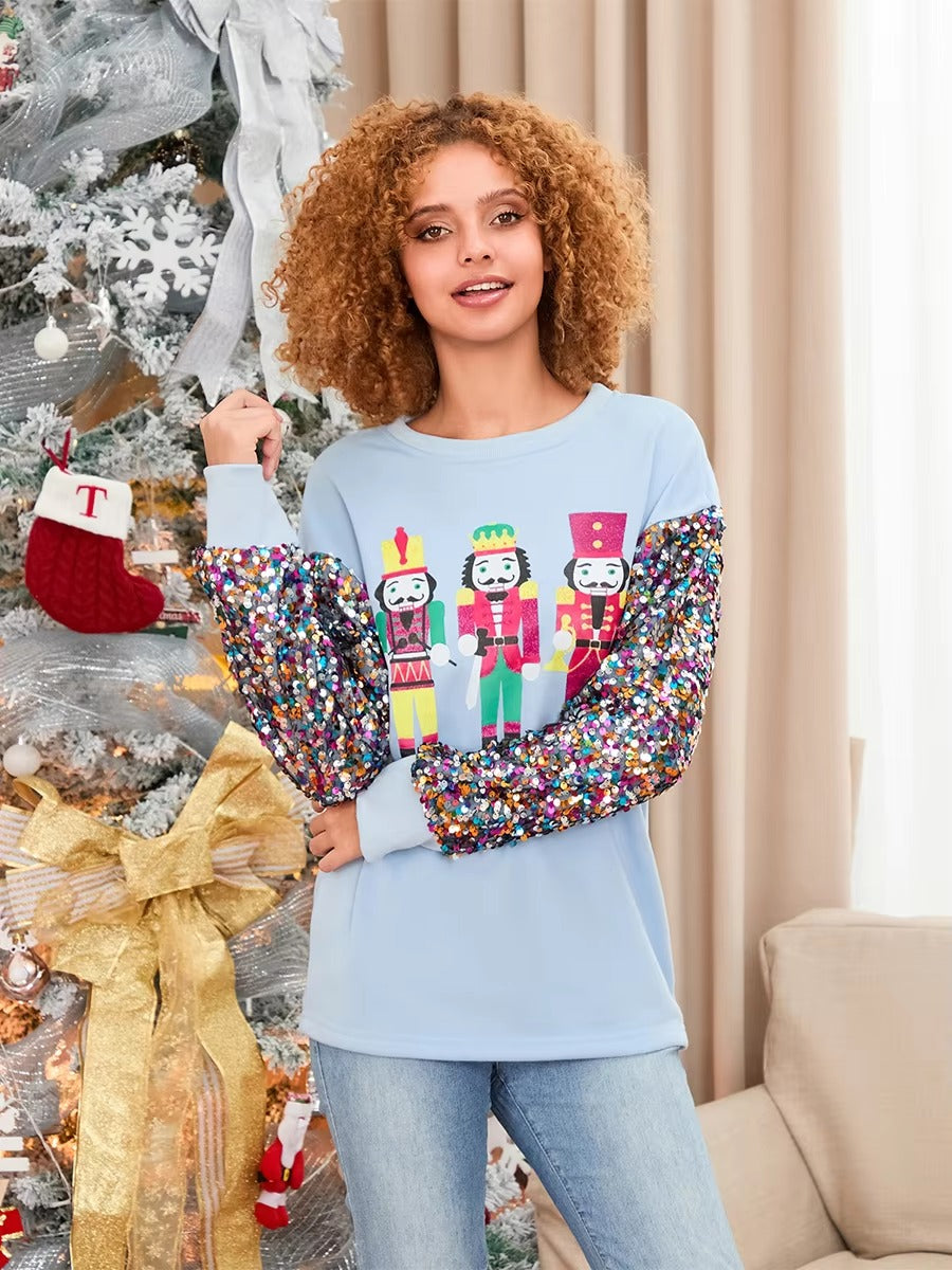 Glitter Sequined Patchwork Long Sleeve Crew Neck Printed Christmas Sweatshirt Tops