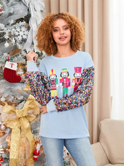 Glitter Sequined Patchwork Long Sleeve Crew Neck Printed Christmas Sweatshirt Tops
