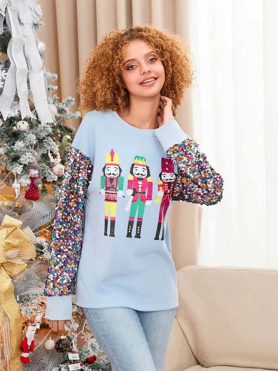 Glitter Sequined Patchwork Long Sleeve Crew Neck Printed Christmas Sweatshirt Tops