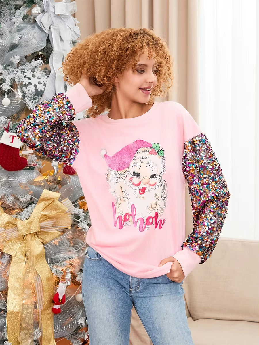 Patchwork Crew Neck Printed Glitter Sequined Long Sleeve Christmas Sweatshirt Tops